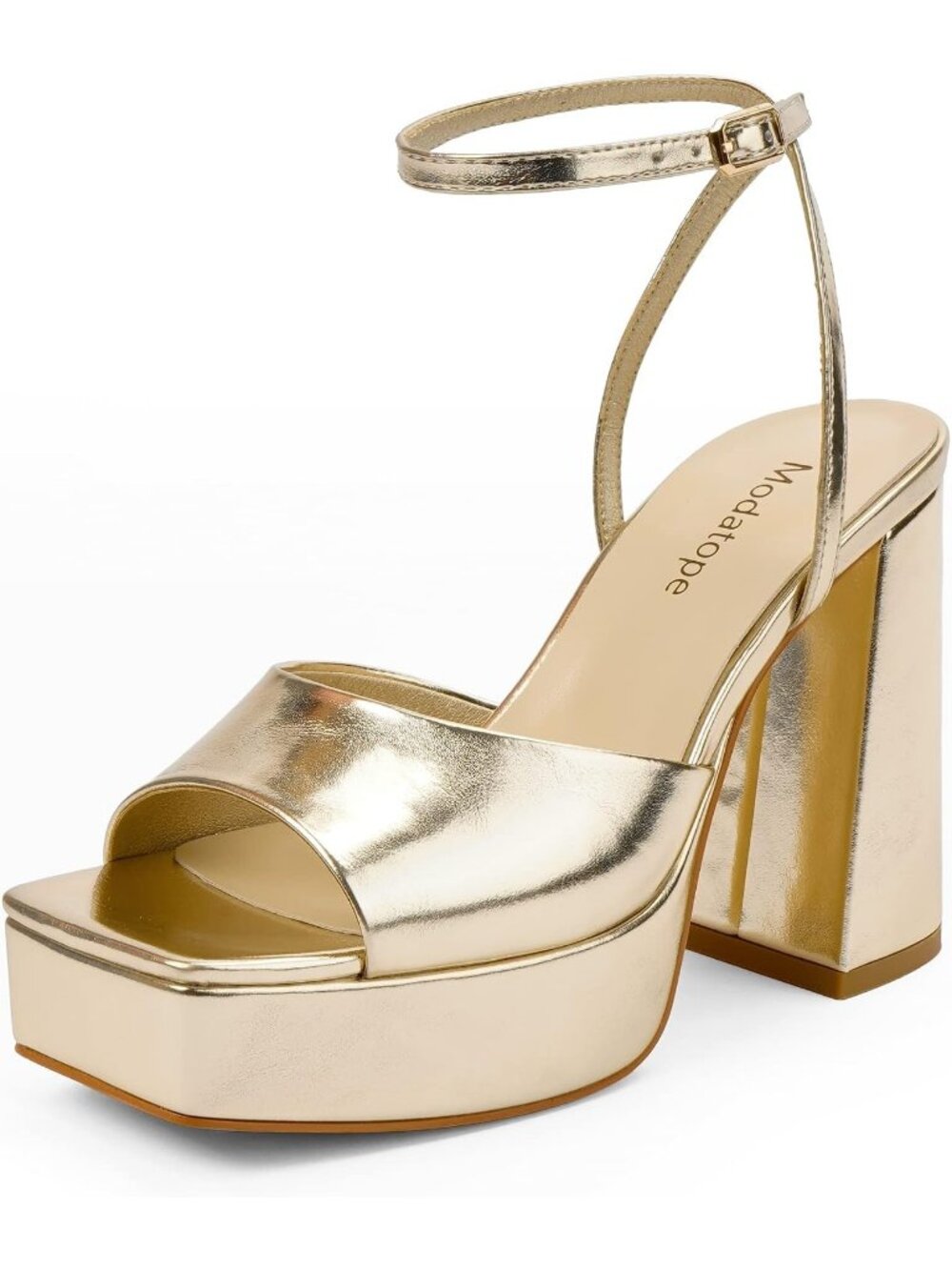 Women's Gold Faux Leather Chunky Open Toe Ankle Strap Wedding Party Pumps Heels